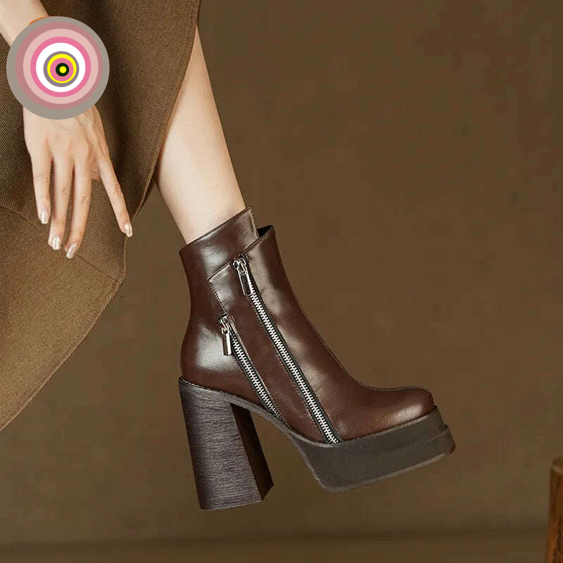 PRXDONG 2023 Classic Women Ankle Boots Dress Working Autumn Winter Casual Thick High Heels Genuine Leather Shoes Woman Size 39 - KIMLUD