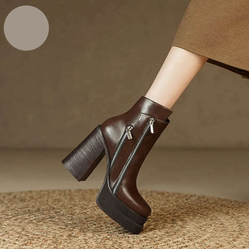 PRXDONG 2023 Classic Women Ankle Boots Dress Working Autumn Winter Casual Thick High Heels Genuine Leather Shoes Woman Size 39 - KIMLUD