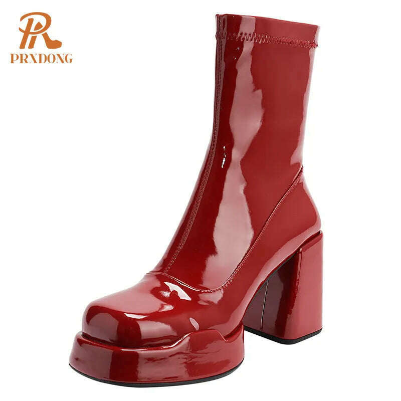 KIMLUD, PRXDONG 2023 Women's Shoes Ankle Boots Round Toe Thick High Heels Patent Leather Shoes Woman Autumn Winter Dress Office Ladies, red / 34 / China, KIMLUD Womens Clothes
