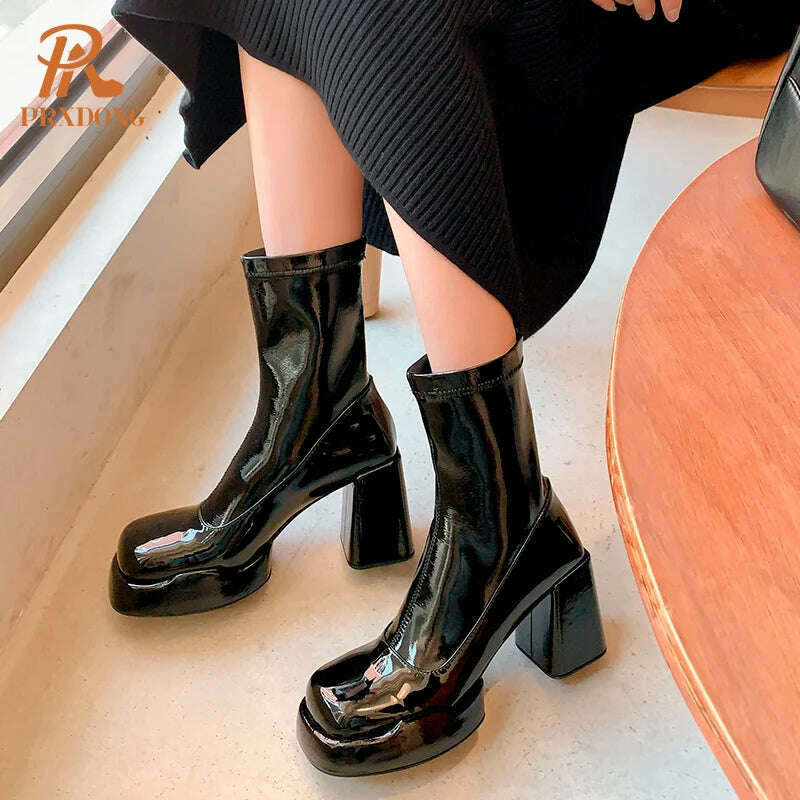 KIMLUD, PRXDONG 2023 Women's Shoes Ankle Boots Round Toe Thick High Heels Patent Leather Shoes Woman Autumn Winter Dress Office Ladies, KIMLUD Women's Clothes