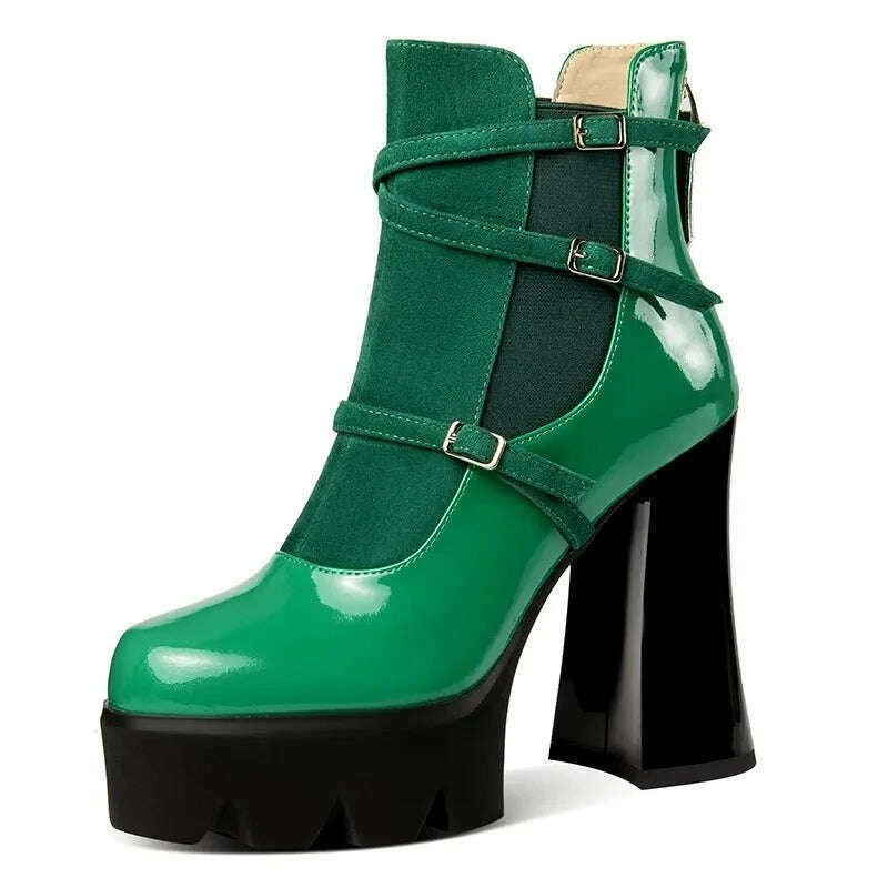 KIMLUD, PRXDONG Brand Genuine Leather Shoes Woman Ankle Boots Chunky High Heels Platform Black Green Zipper Dress Party Lady Shoes 34-39, green / 34 / China, KIMLUD Women's Clothes