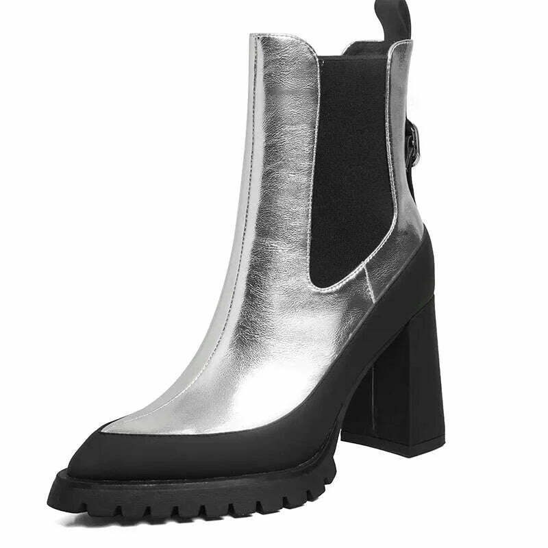 KIMLUD, PRXDONG Genuine Leather Autumn Winter Warm Ankle Boots Chunky High Heels Platform Black Silver Dress Party Lady Shoes Size 34-39, silver / 34 / China, KIMLUD Womens Clothes