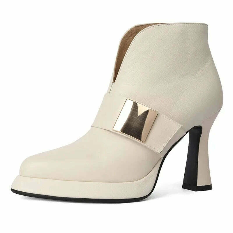PRXDONG Genuine Leather Autumn Winter Warm Ankle Boots HigH heels Platform Shoes Black Beige Dress Party Office Lady Shoes 34-39 - KIMLUD