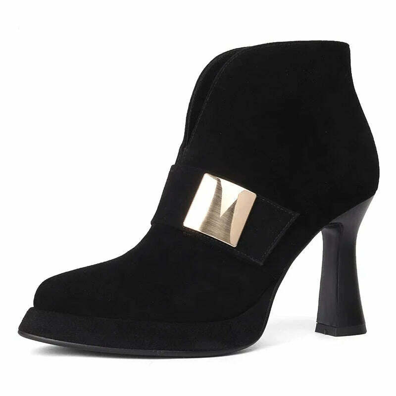 PRXDONG Genuine Leather Autumn Winter Warm Ankle Boots HigH heels Platform Shoes Black Beige Dress Party Office Lady Shoes 34-39 - KIMLUD
