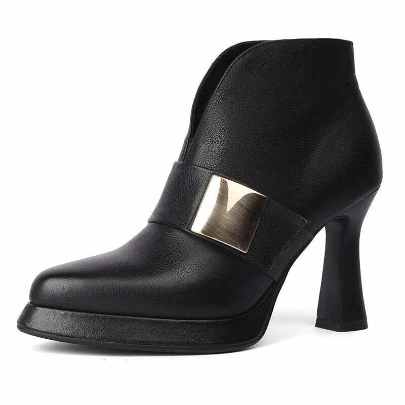 PRXDONG Genuine Leather Autumn Winter Warm Ankle Boots HigH heels Platform Shoes Black Beige Dress Party Office Lady Shoes 34-39 - KIMLUD