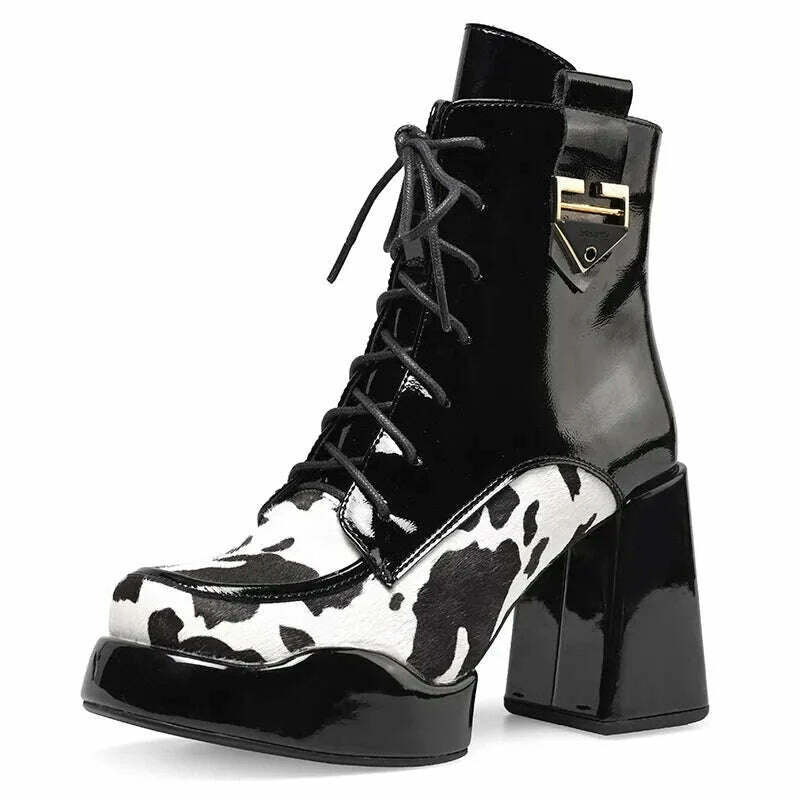 KIMLUD, PRXDONG Genuine Leather Women's Ankle Boots New Fashion Real Fur Chunky High Heels Platform Black Beige Dress Party Lady Shoes, black / 34 / China, KIMLUD APPAREL - Womens Clothes