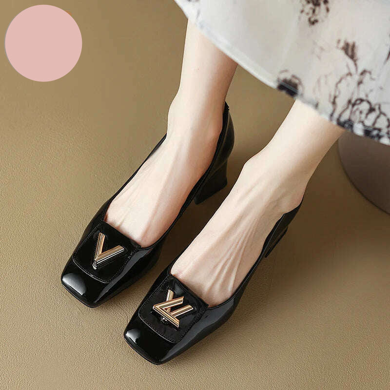 PRXDONG New 2024 Fashion Metal Decoration Genuine Leather Pumps Women Shoes Square Toe Dress Party High Heels Spring Lady Shoes - KIMLUD