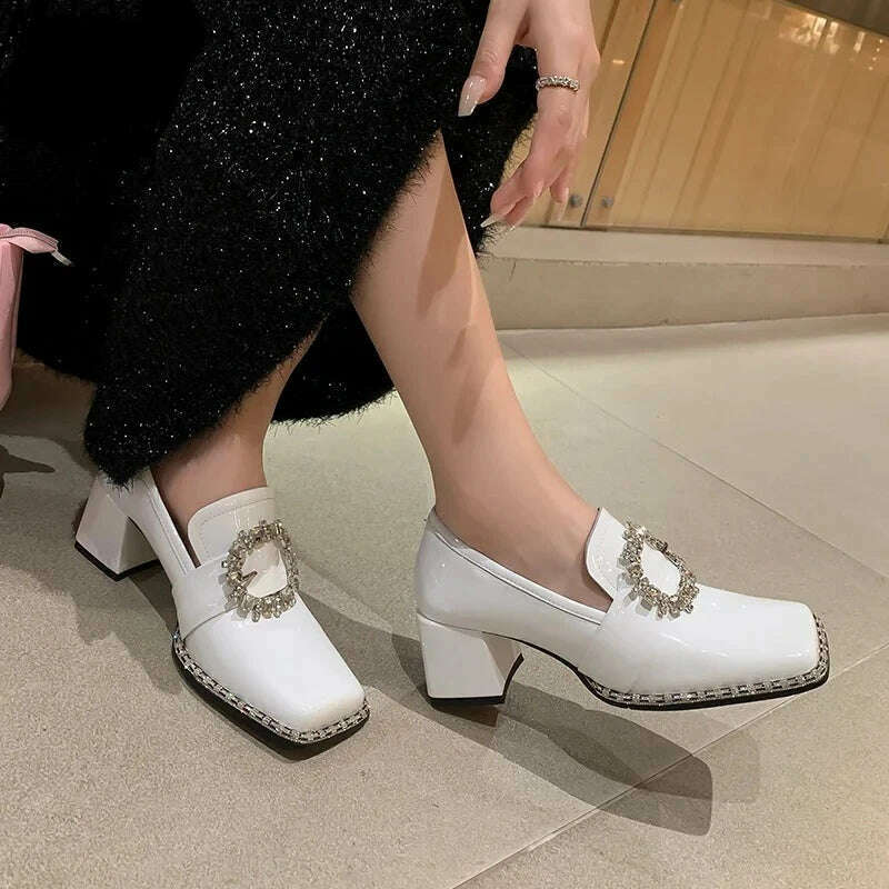 KIMLUD, PRXDONG New Arrivals Genuine Leather Spring Summer Women Pumps Square Med Heel Crystal Black White Dress Party Office Lady Shoes, KIMLUD Women's Clothes