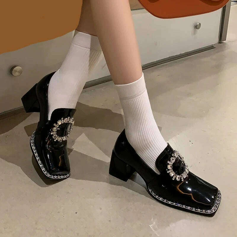 KIMLUD, PRXDONG New Arrivals Genuine Leather Spring Summer Women Pumps Square Med Heel Crystal Black White Dress Party Office Lady Shoes, KIMLUD Womens Clothes