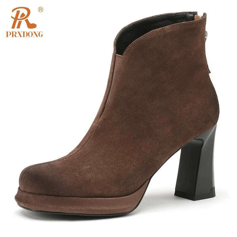 KIMLUD, PRXDONG New Brand Genuine Leather High Heels Platform Shoes Autumn Winter Warm Shoes Black Brown Dress Office Lady Ankle Boots 8, brown / 34 / China, KIMLUD APPAREL - Womens Clothes