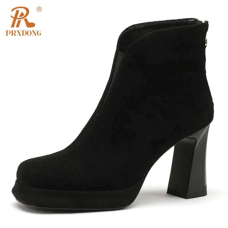 KIMLUD, PRXDONG New Brand Genuine Leather High Heels Platform Shoes Autumn Winter Warm Shoes Black Brown Dress Office Lady Ankle Boots 8, black / 34 / China, KIMLUD Women's Clothes
