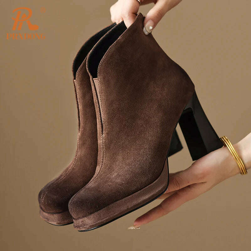 KIMLUD, PRXDONG New Brand Genuine Leather High Heels Platform Shoes Autumn Winter Warm Shoes Black Brown Dress Office Lady Ankle Boots 8, KIMLUD Womens Clothes