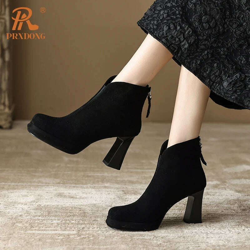 KIMLUD, PRXDONG New Brand Genuine Leather High Heels Platform Shoes Autumn Winter Warm Shoes Black Brown Dress Office Lady Ankle Boots 8, KIMLUD Women's Clothes