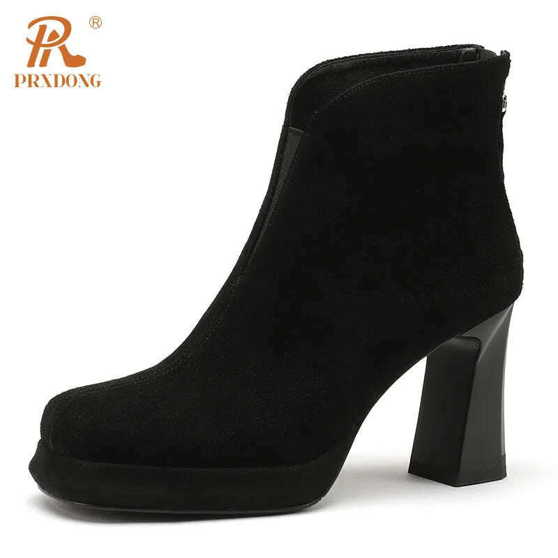 KIMLUD, PRXDONG New Brand Genuine Leather High Heels Platform Shoes Autumn Winter Warm Shoes Black Brown Dress Office Lady Ankle Boots 8, KIMLUD Womens Clothes