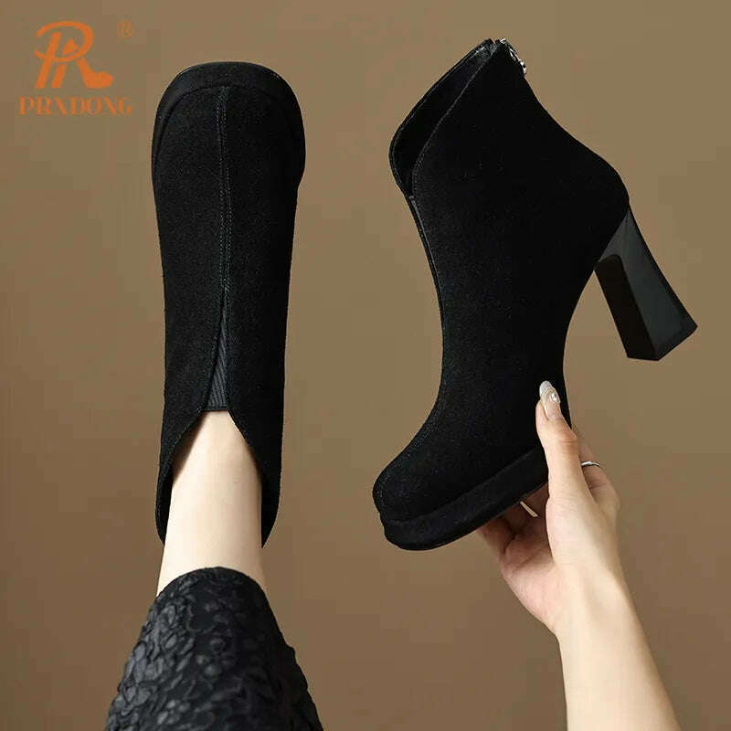 KIMLUD, PRXDONG New Brand Genuine Leather High Heels Platform Shoes Autumn Winter Warm Shoes Black Brown Dress Office Lady Ankle Boots 8, KIMLUD Womens Clothes