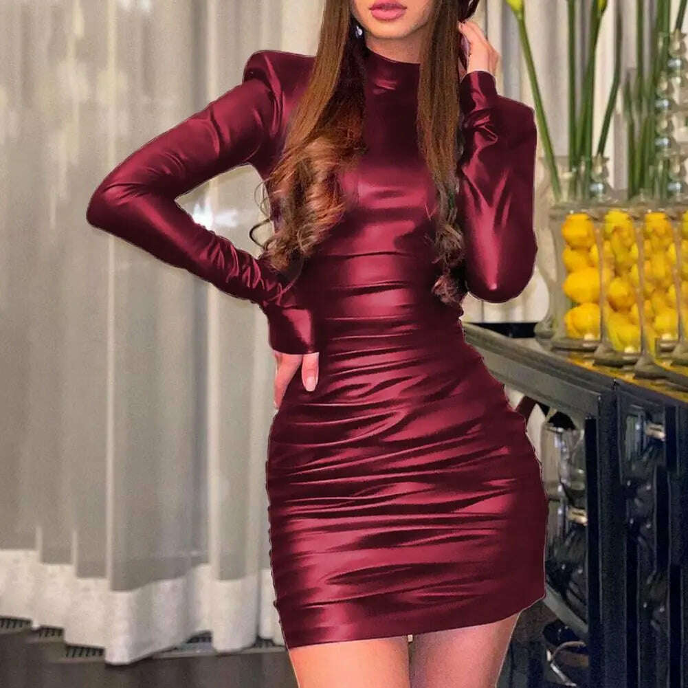 KIMLUD, Pu Leather Mini Dress Ruched Turtleneck Long Sleeve Bodycon Bandage Sexy Streetwear Party Elegant Autumn Winter Club, KIMLUD Womens Clothes