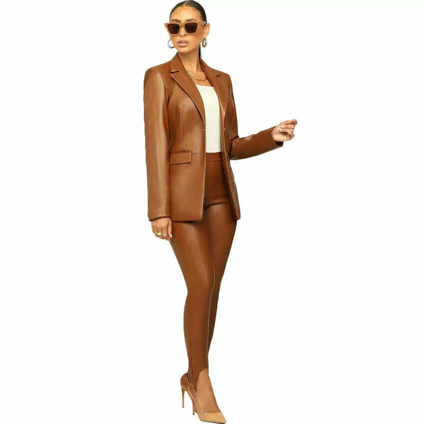 KIMLUD, PU Leather Office Lady Women 2 Piece Set Notch Neck Blazer High Waist Pants Matching Set 2022 Autumn Work Wear Slim Tracksuits, khaki / S / United States, KIMLUD Women's Clothes
