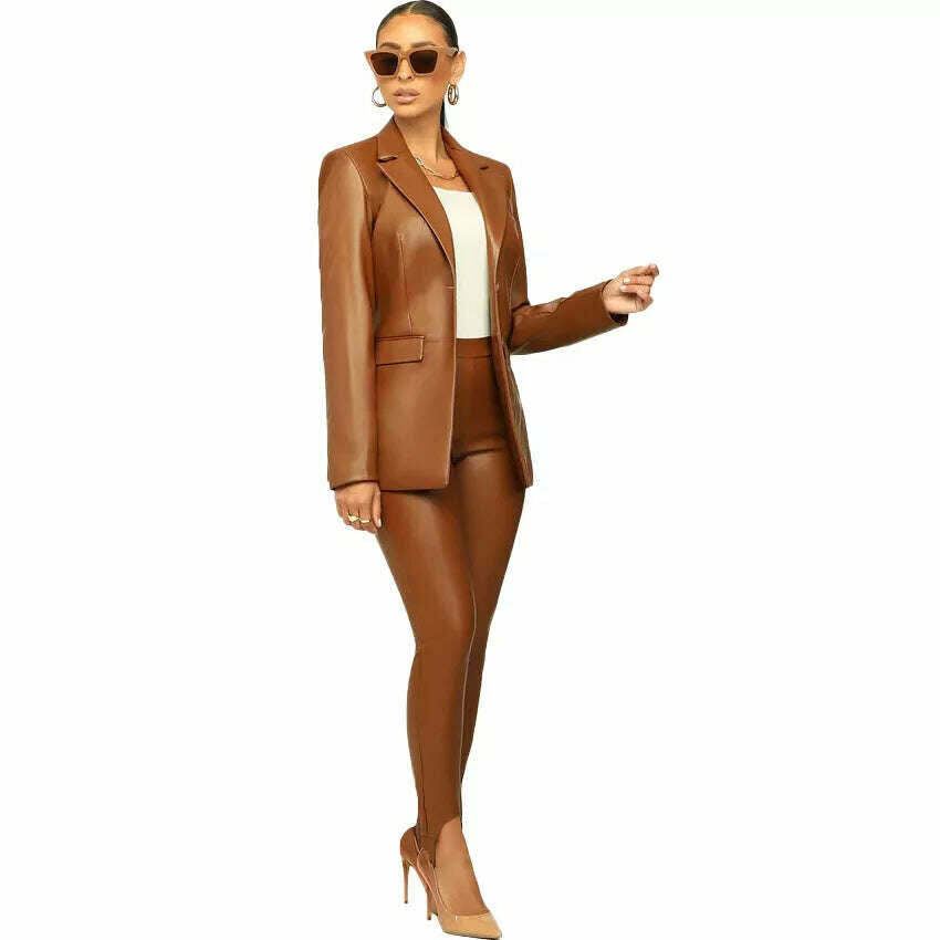 KIMLUD, PU Leather Office Lady Women 2 Piece Set Notch Neck Blazer High Waist Pants Matching Set 2022 Autumn Work Wear Slim Tracksuits, khaki / S / United States, KIMLUD APPAREL - Womens Clothes