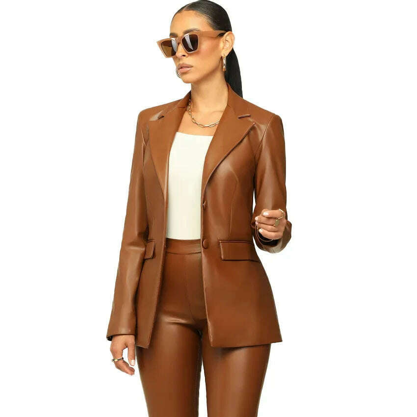 KIMLUD, PU Leather Office Lady Women 2 Piece Set Notch Neck Blazer High Waist Pants Matching Set 2022 Autumn Work Wear Slim Tracksuits, KIMLUD Womens Clothes