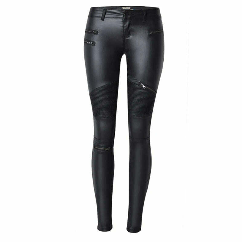 KIMLUD, PU Leather Pants Girls Pants Women 2022 Zippers Low Waist Elastic Skinny Pencil Pants Punk Rock Slim black Trousers Streetwear, KIMLUD Womens Clothes