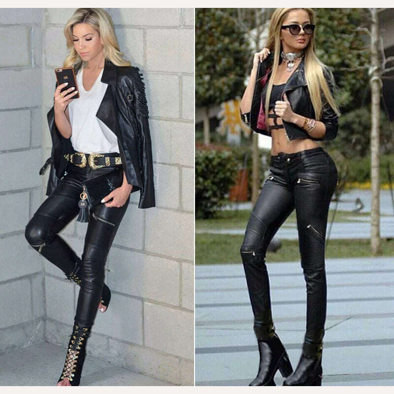 KIMLUD, PU Leather Pants Girls Pants Women 2022 Zippers Low Waist Elastic Skinny Pencil Pants Punk Rock Slim black Trousers Streetwear, KIMLUD Womens Clothes