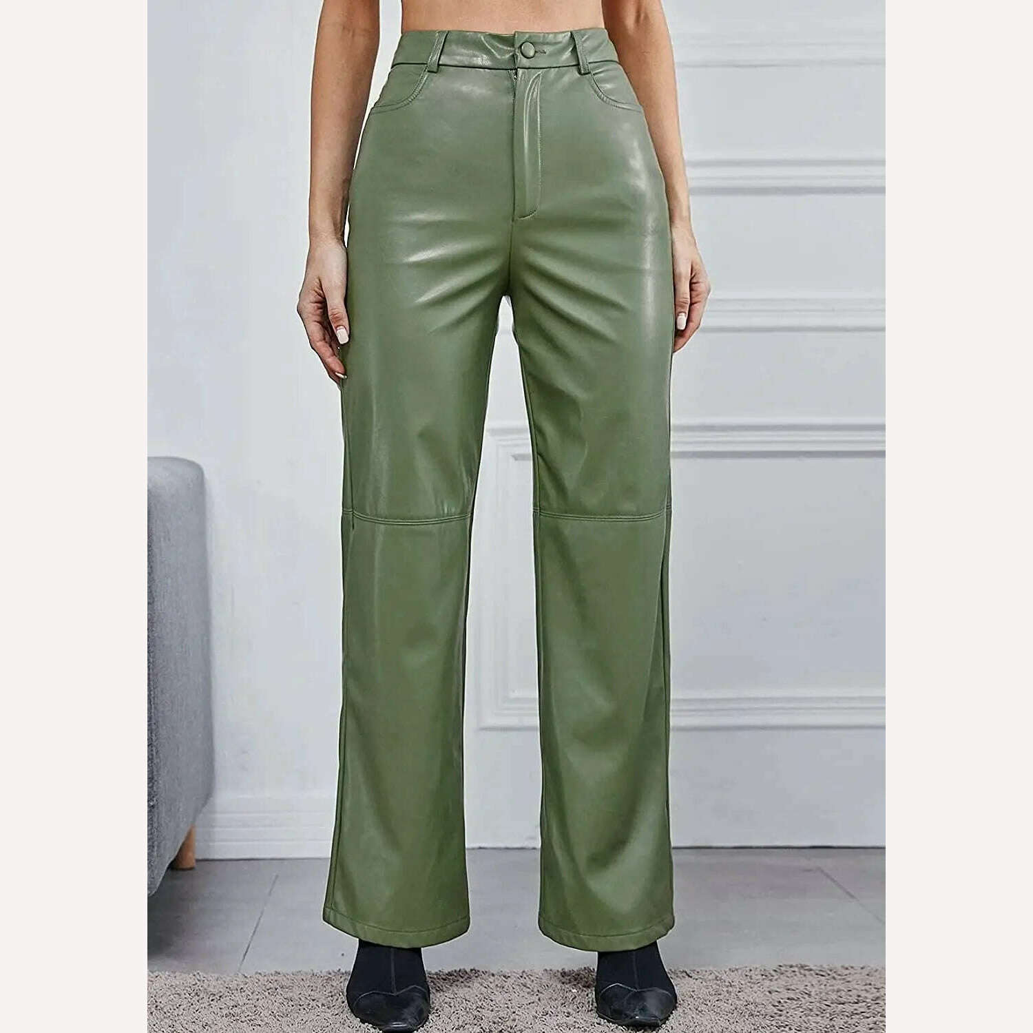 KIMLUD, PU Leather Pants High Waist Pockets Women&#39;s Green Black Wide Leg Pants 2021 Autumn Winter Fashion New TrousersBlusas Loose Shirt, Green / XS, KIMLUD Womens Clothes