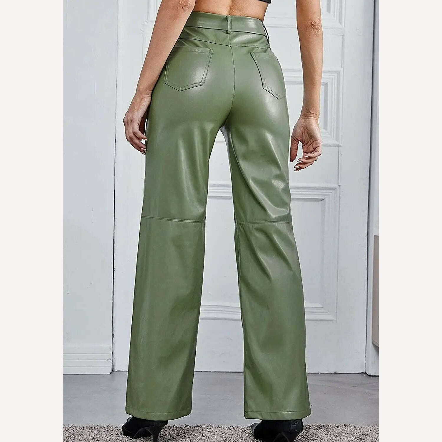 KIMLUD, PU Leather Pants High Waist Pockets Women&#39;s Green Black Wide Leg Pants 2021 Autumn Winter Fashion New TrousersBlusas Loose Shirt, KIMLUD Womens Clothes