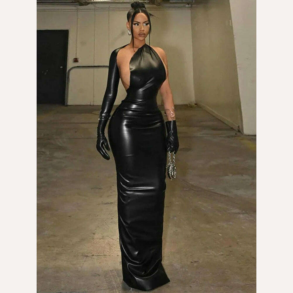 KIMLUD, PU Leather Sexy One Shoulder Y2K Party Club Maxi Dress Outfits Bodycon Women Autumn Winter Backless Split Long Dresses Vestido, A / S, KIMLUD APPAREL - Womens Clothes