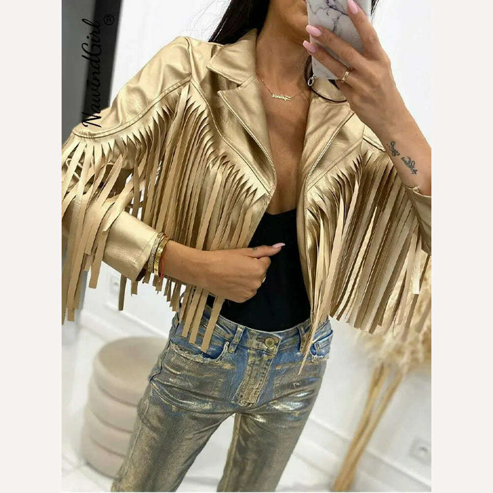 KIMLUD, PU Leather Tassel Women's Jacket 2023 Autumn Turn Down Collar Spliced Casual Jackets Female Fashion Streetwear Short Coats, KIMLUD Womens Clothes