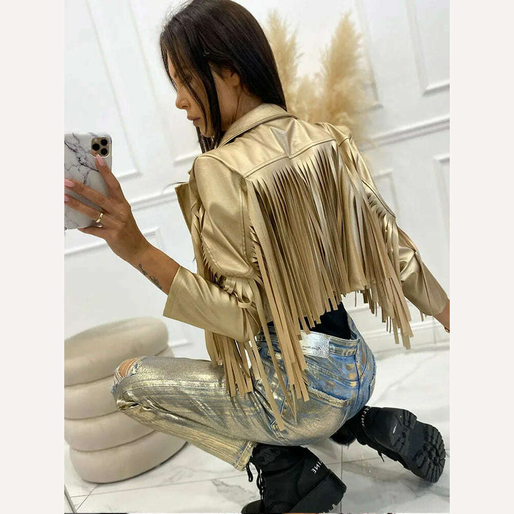 KIMLUD, PU Leather Tassel Women's Jacket 2023 Autumn Turn Down Collar Spliced Casual Jackets Female Fashion Streetwear Short Coats, KIMLUD Womens Clothes