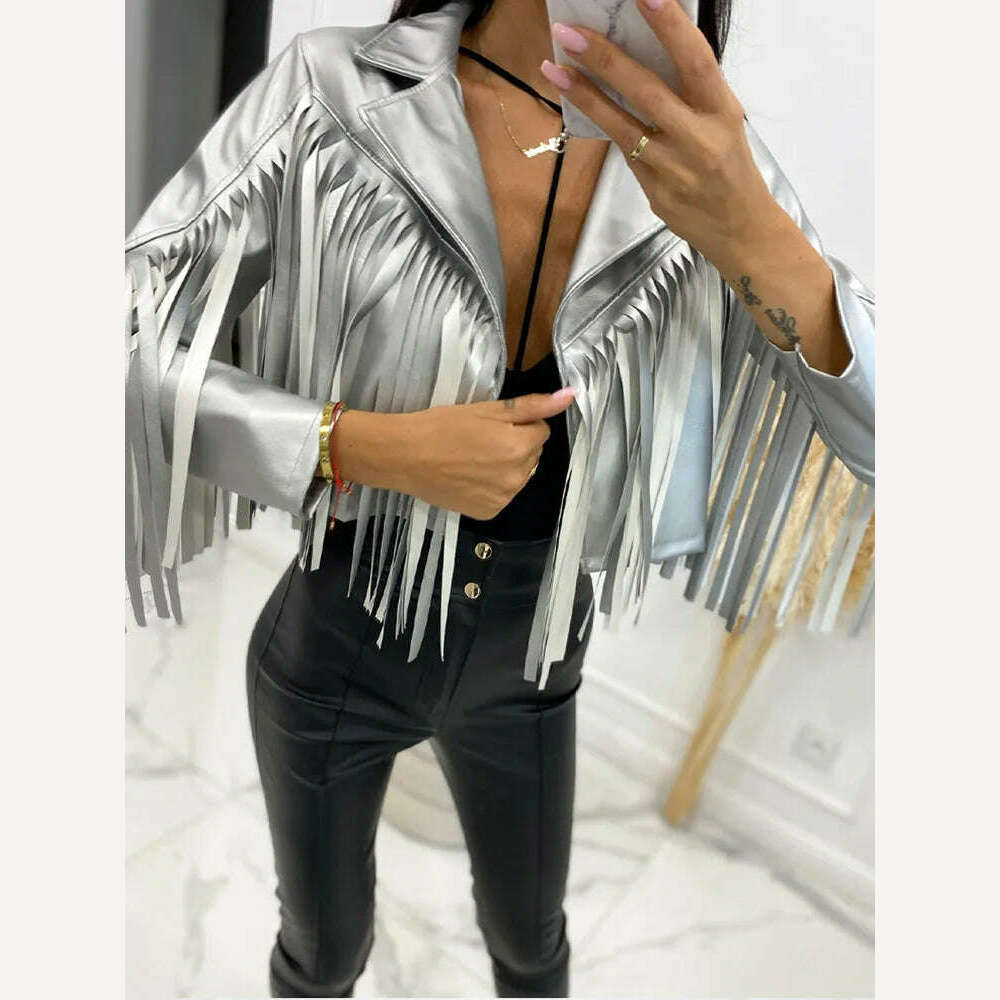 KIMLUD, PU Leather Tassel Women's Jacket 2023 Autumn Turn Down Collar Spliced Casual Jackets Female Fashion Streetwear Short Coats, KIMLUD Womens Clothes