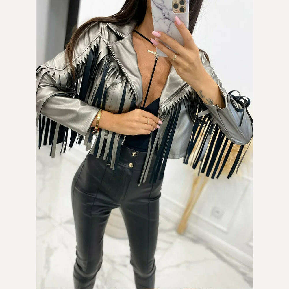 KIMLUD, PU Leather Tassel Women's Jacket 2023 Autumn Turn Down Collar Spliced Casual Jackets Female Fashion Streetwear Short Coats, KIMLUD Womens Clothes