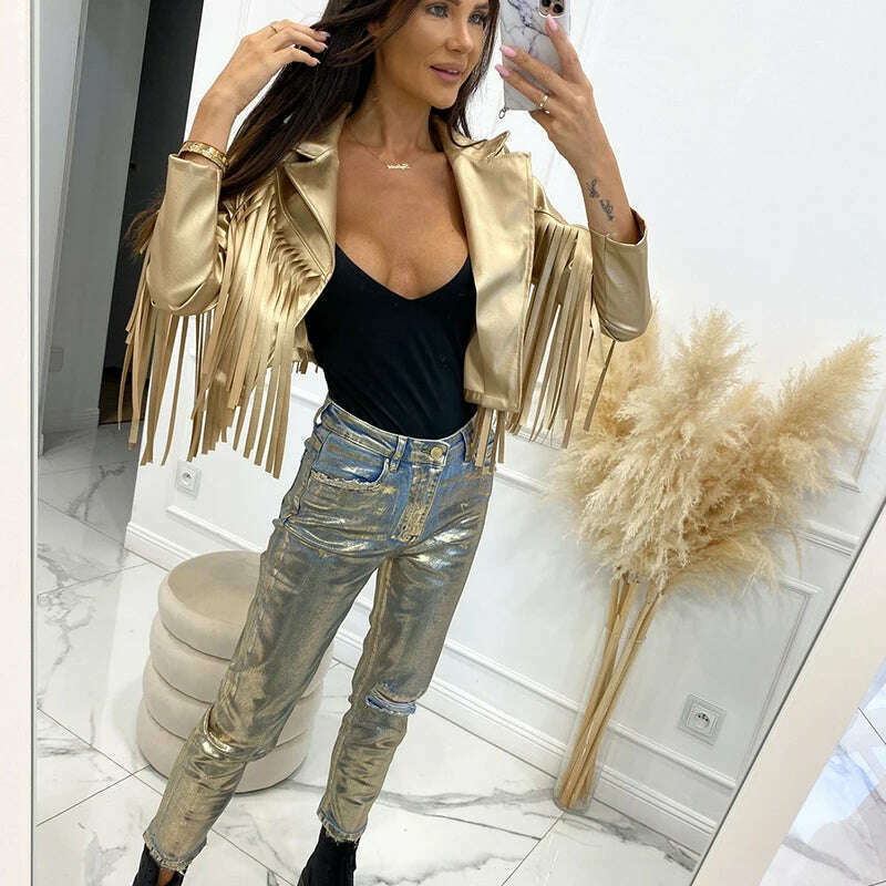 KIMLUD, PU Leather Tassel Women's Jacket 2023 Autumn Turn Down Collar Spliced Casual Jackets Female Fashion Streetwear Short Coats, KIMLUD Womens Clothes
