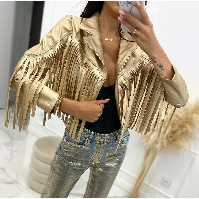 KIMLUD, PU Leather Tassel Women's Jacket 2023 Autumn Turn Down Collar Spliced Casual Jackets Female Fashion Streetwear Short Coats, KIMLUD Womens Clothes