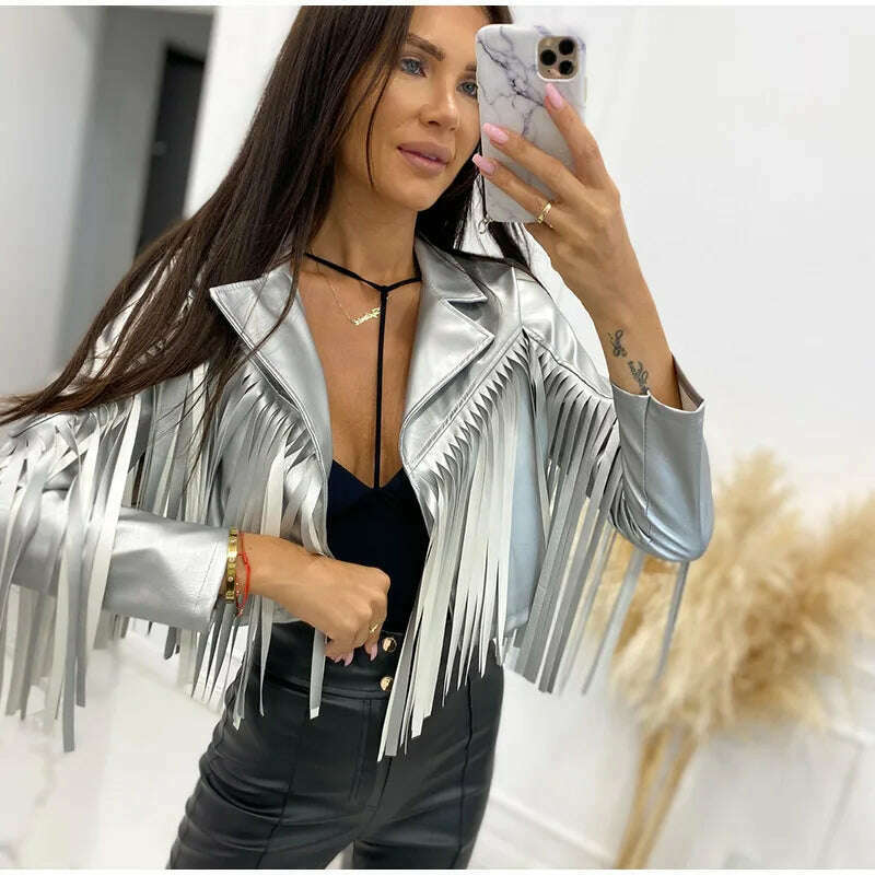 KIMLUD, PU Leather Tassel Women's Jacket 2023 Autumn Turn Down Collar Spliced Casual Jackets Female Fashion Streetwear Short Coats, KIMLUD Womens Clothes