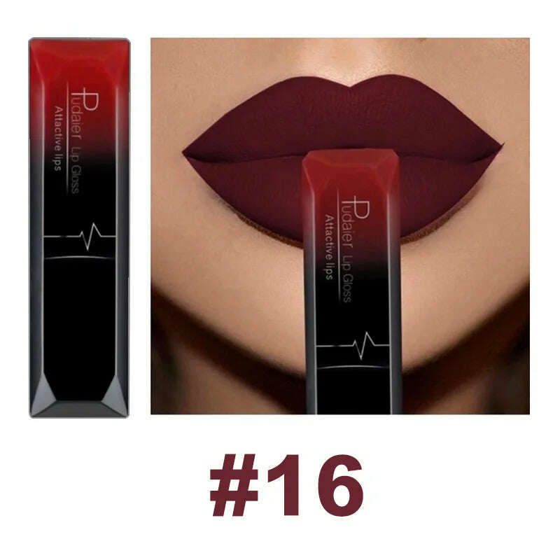 KIMLUD, Pudaier 21 Color Lip Gloss Waterproof Matte Liquid Lipstick Moisturizing Lip Gloss Lip Makeup Beauty Cosmetics, 16, KIMLUD Women's Clothes