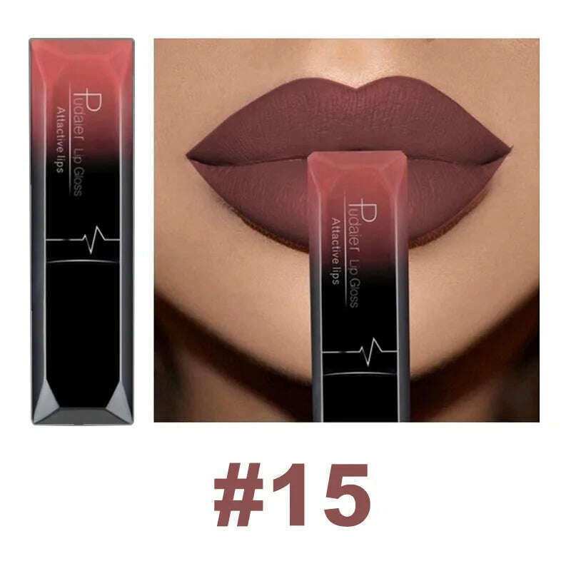 KIMLUD, Pudaier 21 Color Lip Gloss Waterproof Matte Liquid Lipstick Moisturizing Lip Gloss Lip Makeup Beauty Cosmetics, 15, KIMLUD Women's Clothes