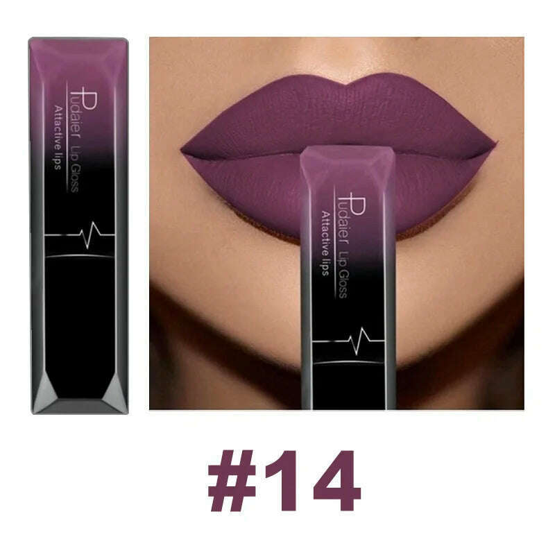 KIMLUD, Pudaier 21 Color Lip Gloss Waterproof Matte Liquid Lipstick Moisturizing Lip Gloss Lip Makeup Beauty Cosmetics, 14, KIMLUD Women's Clothes