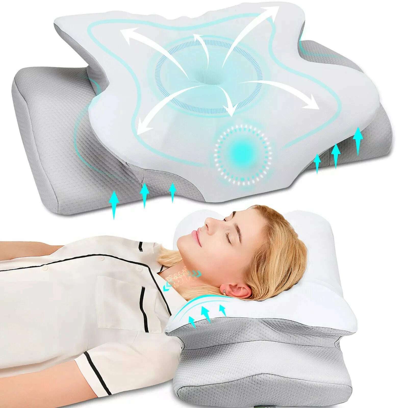 KIMLUD, Pulatree Neck Pillow Bed Pillow Memory Foam Odorless Ergonomic Cervical Pillow For Neck And Shoulder Pain Relief Easy To Clean, White And Grey, KIMLUD APPAREL - Womens Clothes