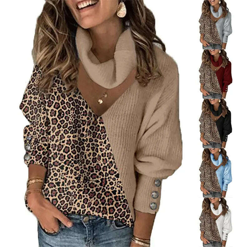 Pullovers Women Sweaters 2021 New Winter Leopard Color Matching v-neck Loose Collar hollow-out Sweater Women Fashion OLN3413 - KIMLUD