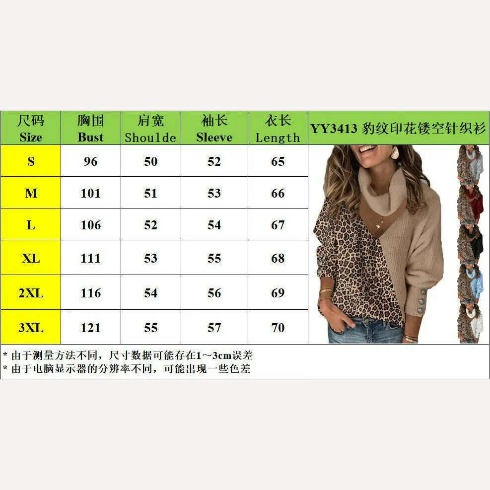 Pullovers Women Sweaters 2021 New Winter Leopard Color Matching v-neck Loose Collar hollow-out Sweater Women Fashion OLN3413, KIMLUD Women's Clothes