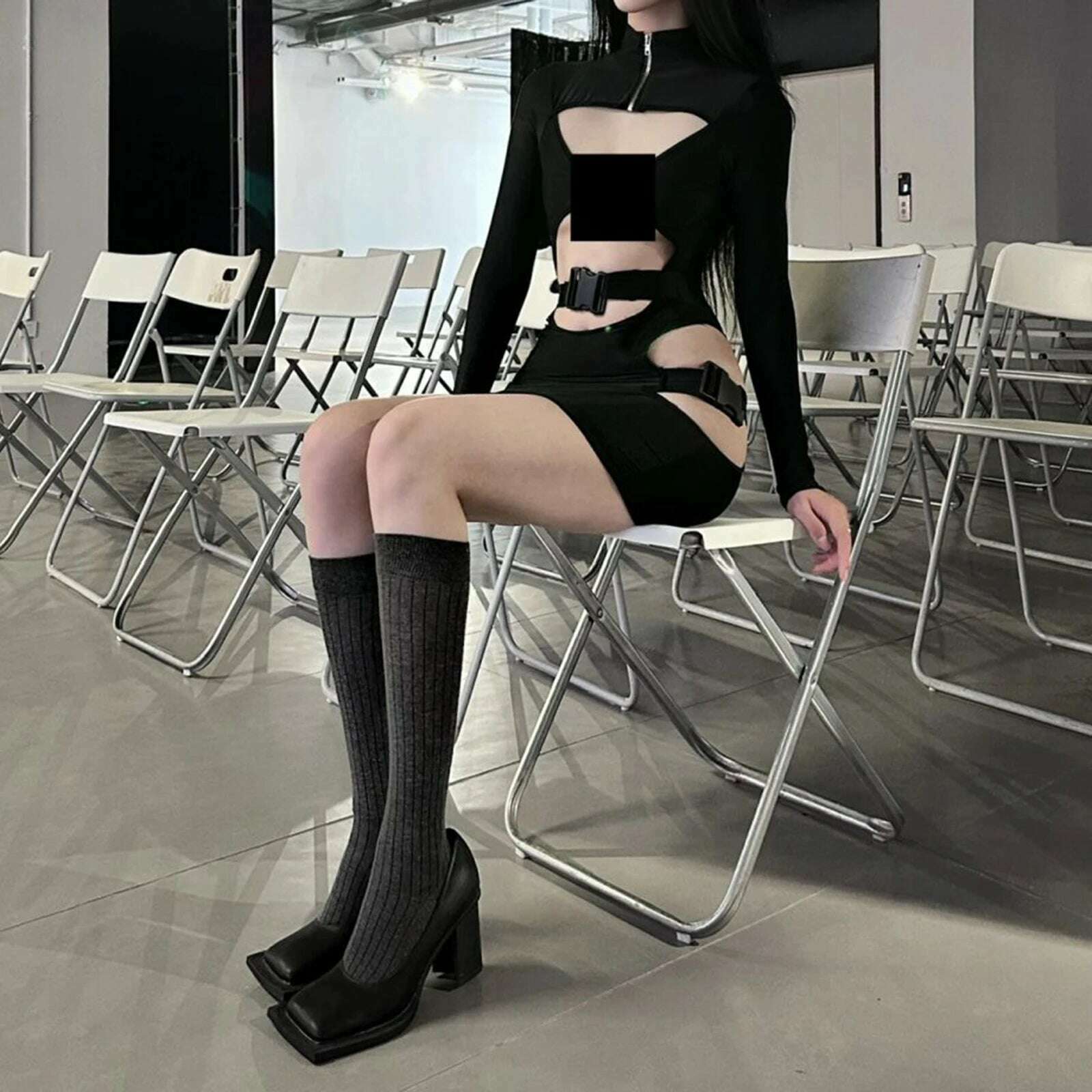 Puloru Grunge Punk Black Bodycon Dress Women Long Sleeve Quick Release Buckle Cutout Mini Dress for Cocktail Club Streetwear - KIMLUD