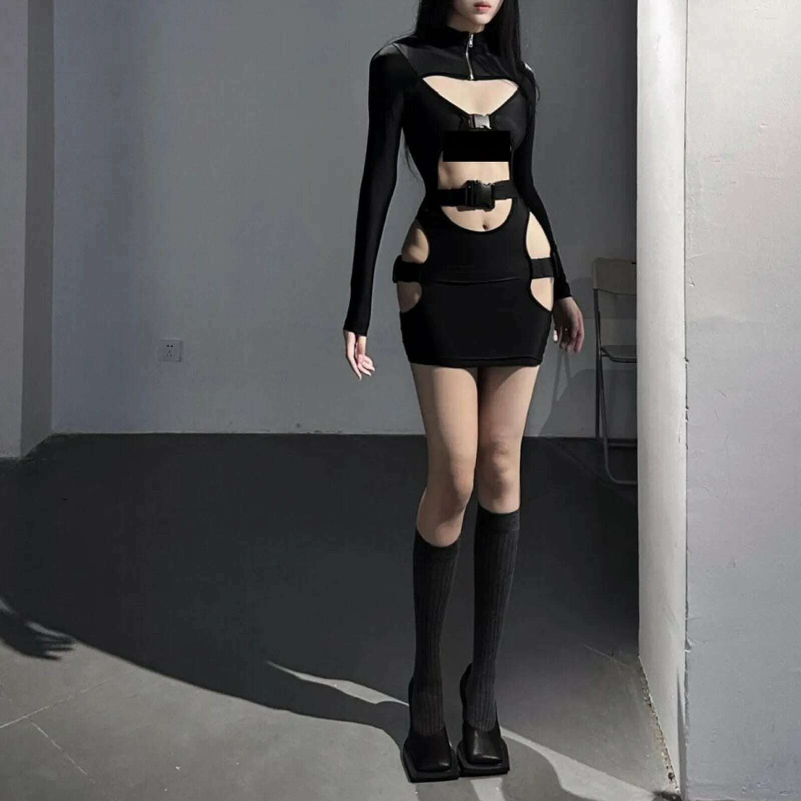 Puloru Grunge Punk Black Bodycon Dress Women Long Sleeve Quick Release Buckle Cutout Mini Dress for Cocktail Club Streetwear - KIMLUD