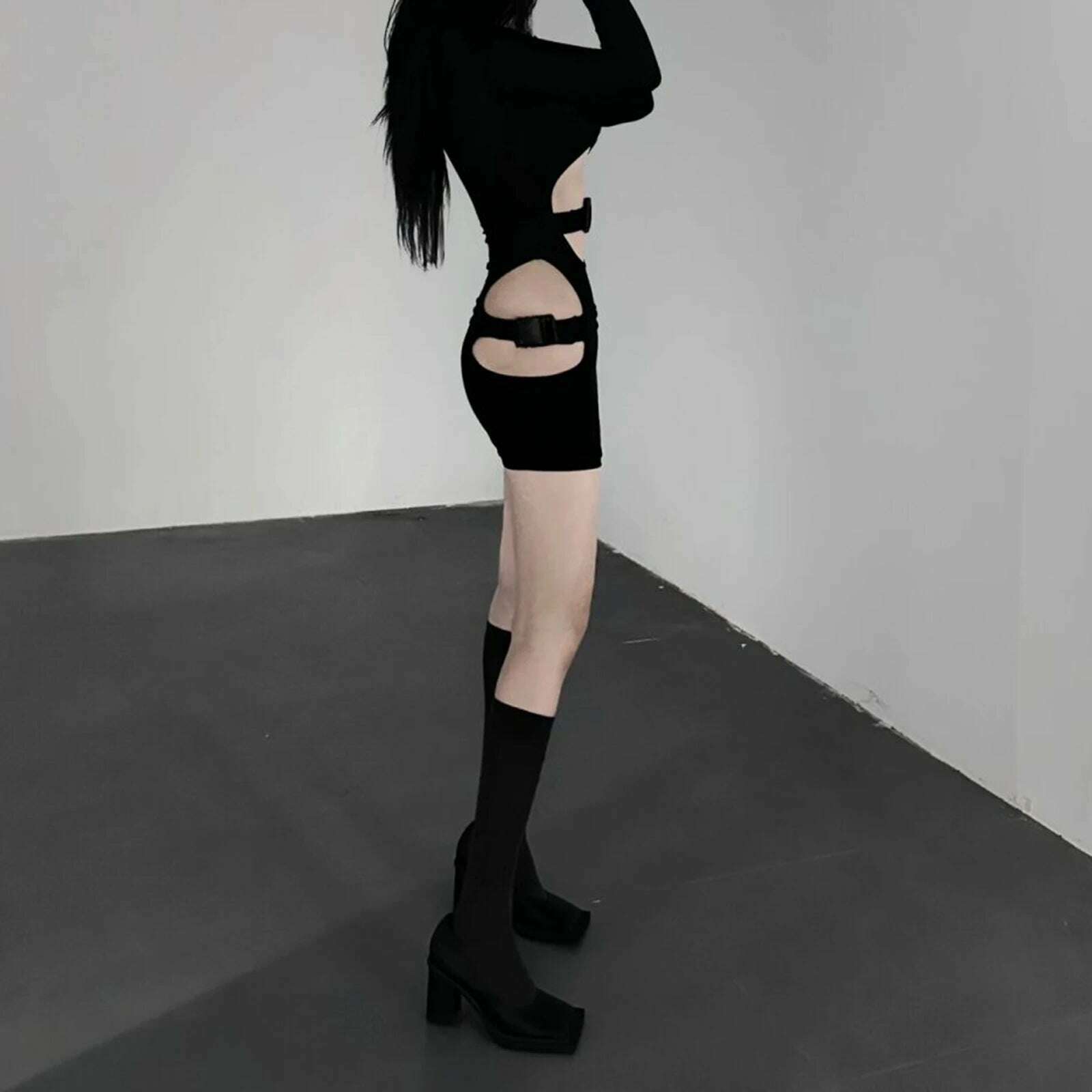 Puloru Grunge Punk Black Bodycon Dress Women Long Sleeve Quick Release Buckle Cutout Mini Dress for Cocktail Club Streetwear - KIMLUD