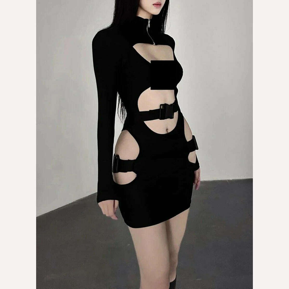 Puloru Grunge Punk Black Bodycon Dress Women Long Sleeve Quick Release Buckle Cutout Mini Dress for Cocktail Club Streetwear - KIMLUD