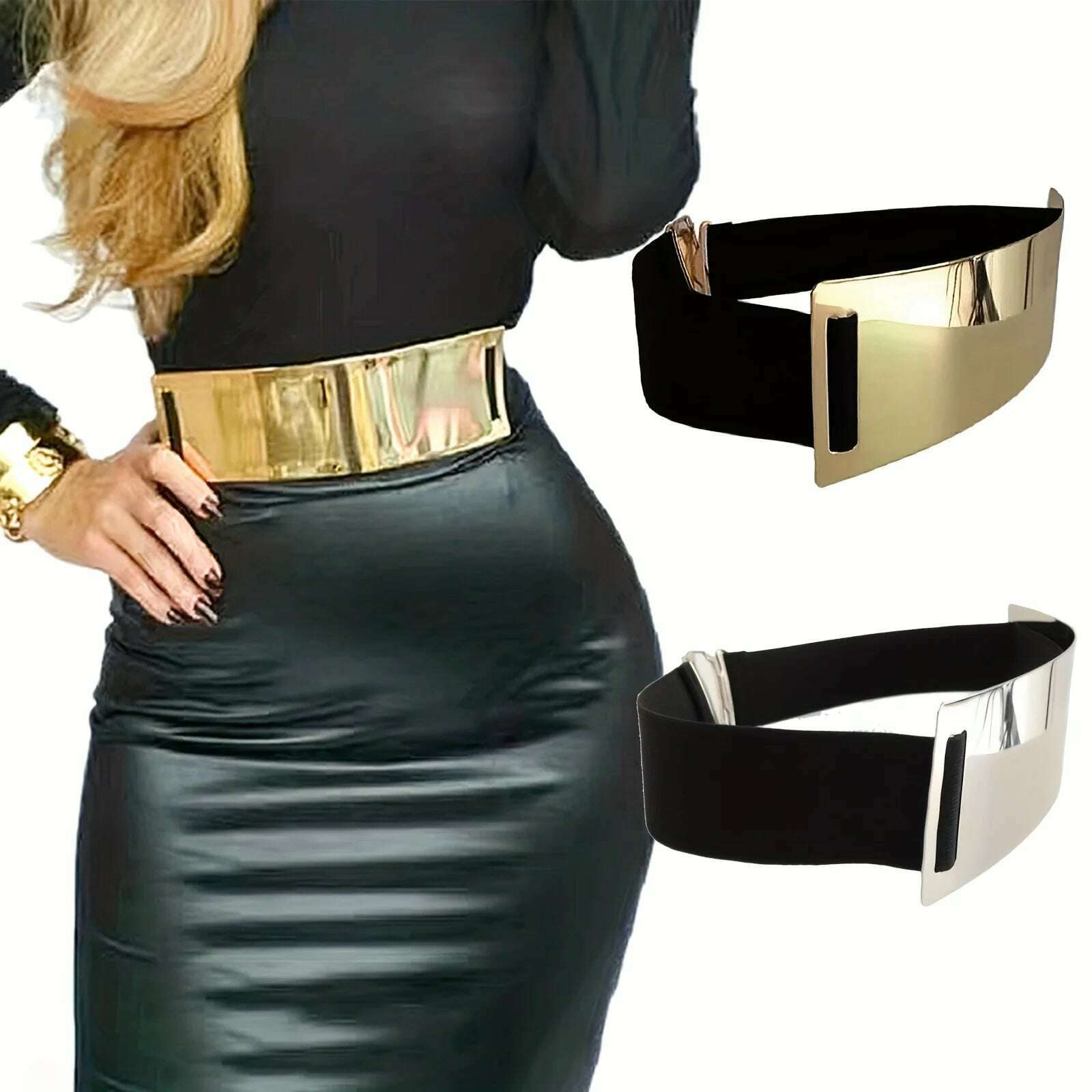 KIMLUD, Punk-Elegant Metallic Glossy Wide Belt Waistband - Perfect for Y2K Dresses & Girdles!, KIMLUD Women's Clothes