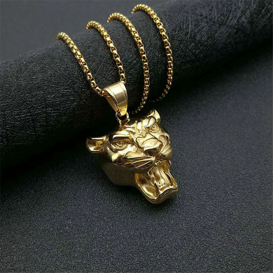 Punk New Fashion Lion Head Pendant Necklaces Male Gold Color Stainless Steel Animal Statement Necklace For Men Jewelry 2020, KIMLUD Women's Clothes