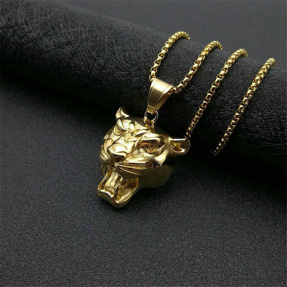 Punk New Fashion Lion Head Pendant Necklaces Male Gold Color Stainless Steel Animal Statement Necklace For Men Jewelry 2020, KIMLUD Women's Clothes