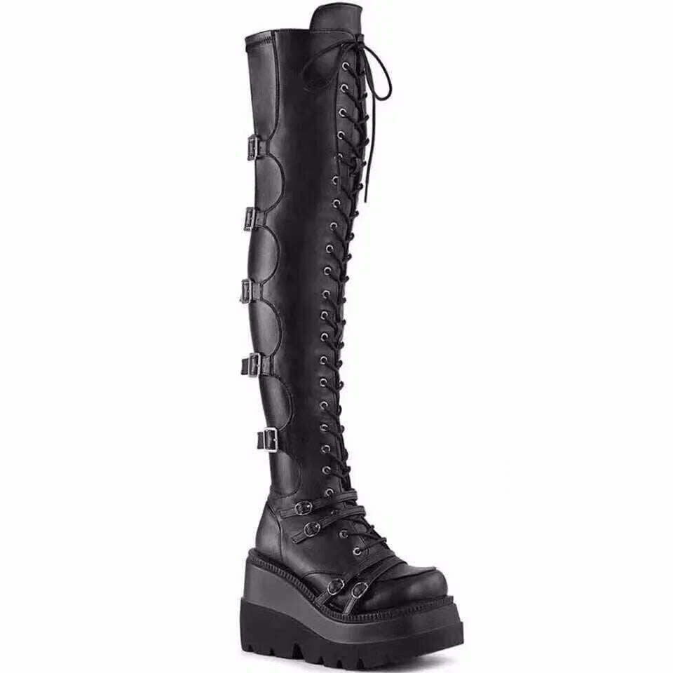 Punk Over-the-knee Boots Women Platform Heels Belt Buckle Boot Motorcycle Goth Shoe Thigh High Flat Boots Plus Size 42 43 - KIMLUD