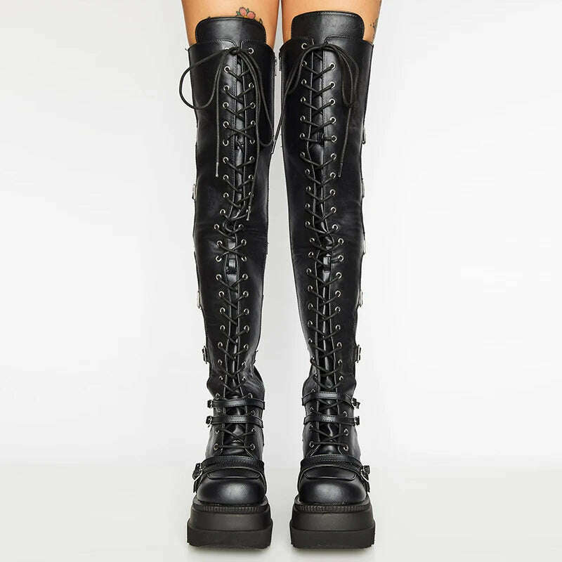Punk Over-the-knee Boots Women Platform Heels Belt Buckle Boot Motorcycle Goth Shoe Thigh High Flat Boots Plus Size 42 43 - KIMLUD